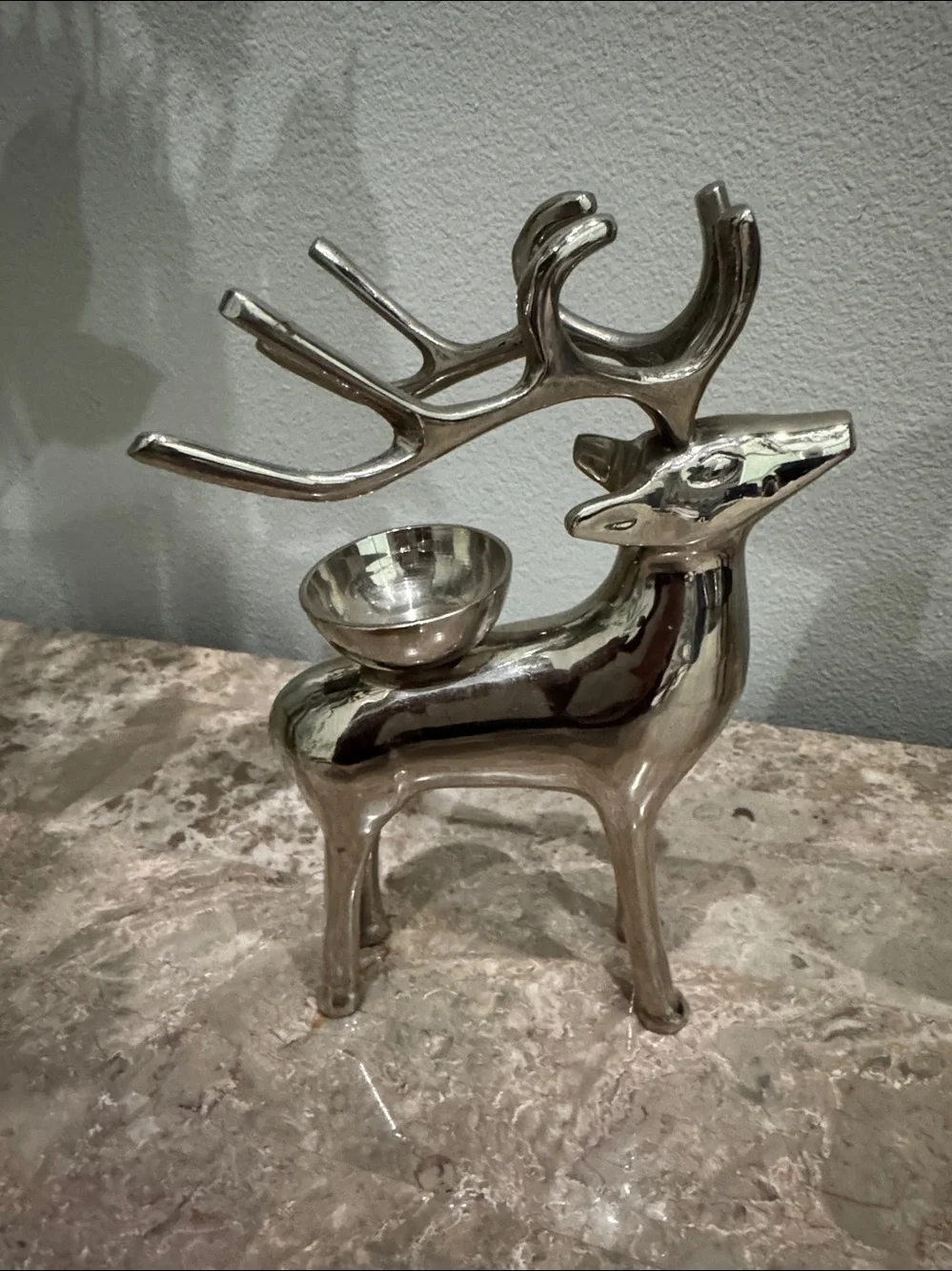 Polished chrome reindeer tea light candle Holder weighted 7.5” tall